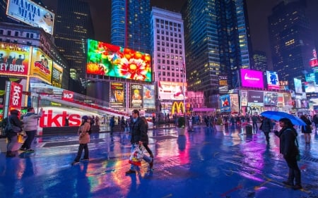 rainy night in times square - reflections, street, rain, night, city, ads, skyscrapers