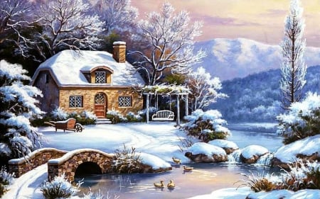 Winter scene - bridge, cottage, mountain, snow