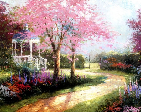 spring flowers painting - tree, path, flower, spring