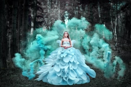 Beauty in Forest - girl, blue dress, smoke, forest