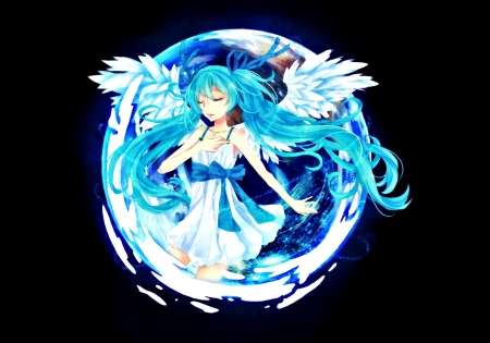 Hatsune Miku - black, vocaloid, anime, girl, blue, manga, wings, white, pixiv, angel, hatsune miku