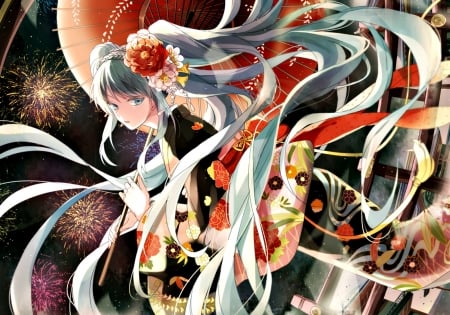 Hatsune Miku - anime, vocaloid, girl, hatsune miku, kimono, flower, black, manga, peony, red, fireworks, michi iawei