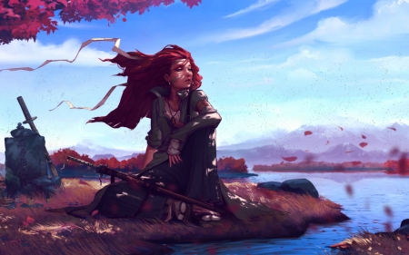 Redhead - red, wind, water, girl, redhead, blue, art, fantasy, woman