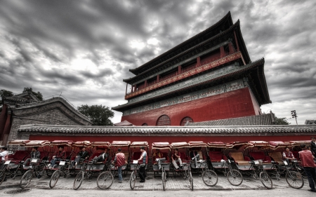 row of rickshaws at the drum tower in beijing hdr - oriental, hdr, rickshaws, pagoda, sky