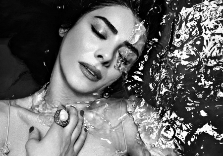 Nur Aysan - water, turkish, summer, Nur Aysan, jewel, actress, black, white, model, bw, ring, face