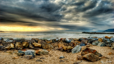 beautiful rocky beach hdr - beach, clouds, hdr, sunset, colors, sea, rocks