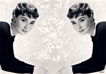 Audrey Hepburn - bokeh, by cehenot, collage, Audrey Hepburn, girl, actress, gemini, black, white, woman, zodiac