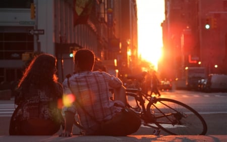 romantic sunset in the city - bike, street, sunset, city, couple