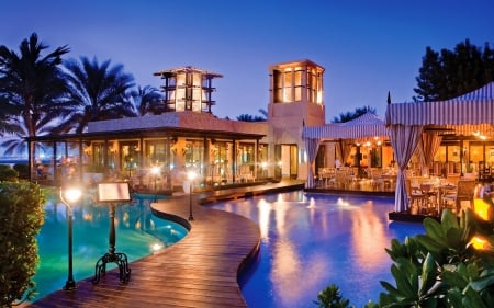 floating restaurant in royal mirage resort dubai - restaurant, night, pools, resort, bridge, lights