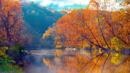 Autumn sunset over lake - nature, lake, autumn, fall leaves, sunset