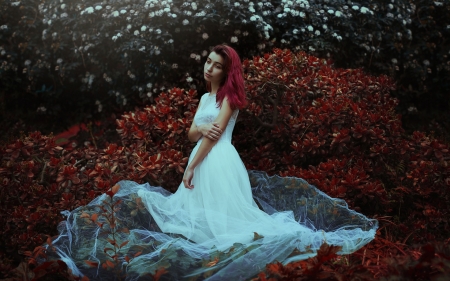 Melancholy Mood - dress, girl, forest, hair, flowers, white, model, melancholy, foliage