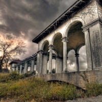 ruins of a house in focus