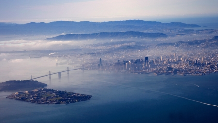 fantastic aeriel view of san francisco - clouds, view, aeriel, city, bridge, bay