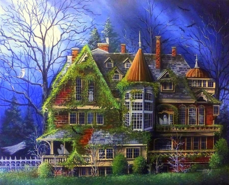 Haunted Mansion - attractions in dreams, mansion, paintings, night, moons, bats, spooky, holiday, halloween, love four seasons, houses, ghosts