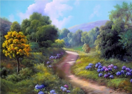 Painting - painting, art, trees, artwork, flowers, path