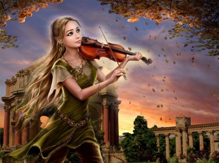 Melody of autumn wind - violin, fall, autumn, girl