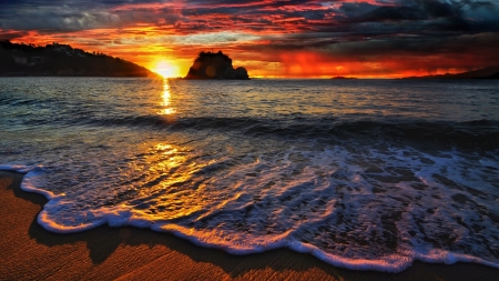 Ocean Sunset - reflection, clouds, sunset, ocean, nature, waves