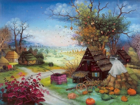 Village - trees, pumpkins, rustic, orange, village, nature, purple, autumn, painting, houses, country