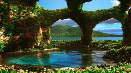 Magic cave - sky, lake, magic, rocks, clouds, beautiful, flowers, cave, cliffs