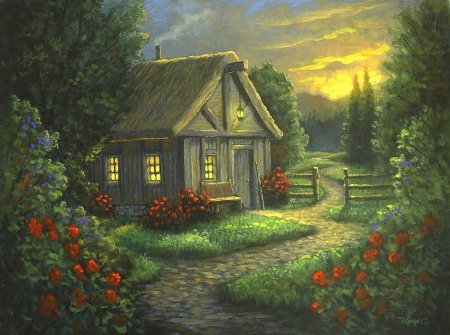 Evening Roses - attractions in dreams, houses, roses, draw and paint, love four seasons, love four seasonsa, sunsets, paintings, garden