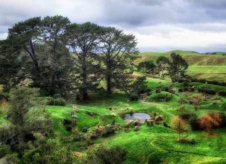 Hobbit shire - fence, trees, hobbit shire, pond, garden, fantasy