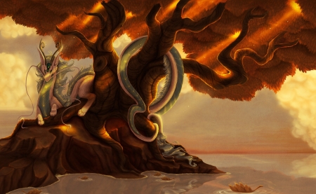 Dragon's tree - water, fantasy, art, yellow, francis-john, luminos, orange, dragon, golden, tree