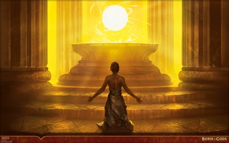 Sunbond - sorceress, game, yellow, girl, orange, magic the gathering, fantasy, goddess, sunbond, woman, golden, art