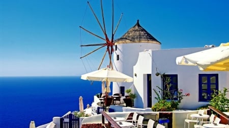 santorini windmill with ocean view - town, view, sea, windmill, restaurant