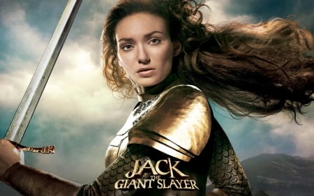 Jack the Giant Slayer (2013) - sword, jack the giant slayer, actress, tale, eleanor tomlinson, girl, fantasy, poster, golden, movie, armor, woman