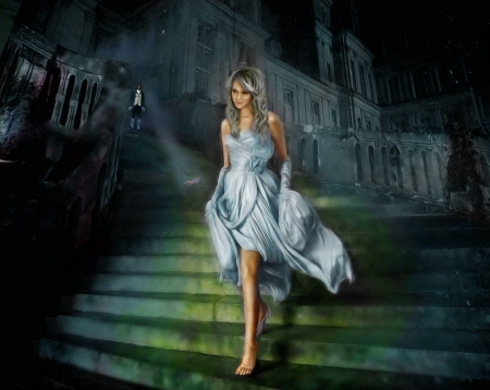 Blonde girl on Stairs - Dress, Stairs, Blonde girl, Painting