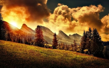 Sunset - Mountains, Sunset, Nature, Forests