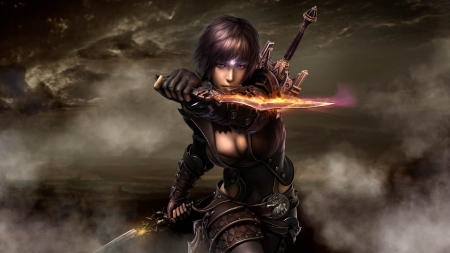 Warrior Girl - pretty, female, warrior, beautiful, girl, sword, flaming sword, dark, fantasy, digital, woman, art