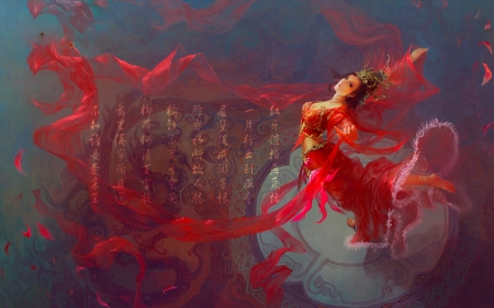 Asian Beauty Art - woman, veil, girl, female, fantasy, asian, painting, geisha, art, pretty, flowing, red, beautiful, digital