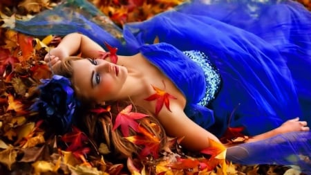 Autumn Beauty - pretty, female, elegant, blue, beautiful, photography, dress, serene, girl, fantasy, autumn, digital, woman, chiffon, model, art