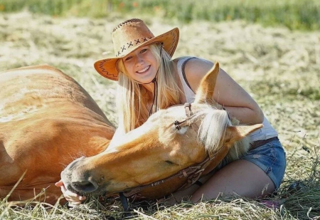 Happy friends - cowgirl, nature, horse, cute friends