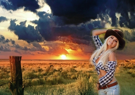 At sunset - nature, hat, cowgirl, friends, sunset, cute