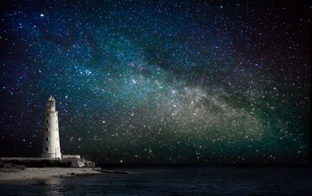 Stars Fill The Night - star, night, water, lighthouse