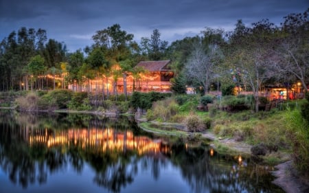 evening on a restaurant in a lovely park hdr - lake, restaurant, forest, lights, evening, park, hdr