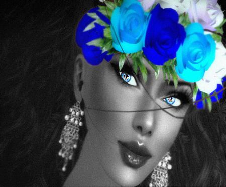 Blue - lady, fantasy, flowers, abstract, blue