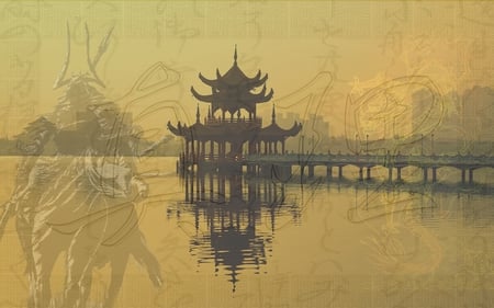 Japanese - warrior, water, yellow, gold, reflection, horse, shogun, lake, symbols, bridge, asian architecture, japanese