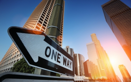 one way sign among skyscrapers - sign, skyscrapers, sky, sunshine