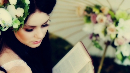 *sharing a moment* - women, roses, umbrella, flowers, book