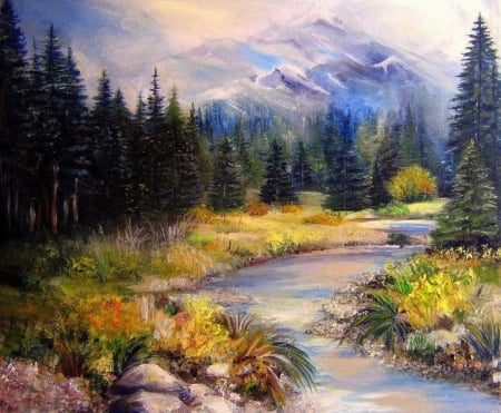 â™¥ - painting, abstract, trees, river