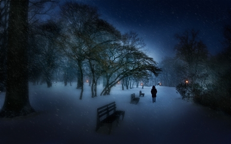 Winter Park - walking, bench, evening, lights