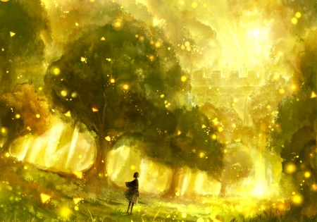 Golden forest - bou nin, anime, girl, forest, tree, manga, fantasy, golden, castle, luminos, woods