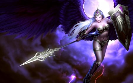 Valkyrie - game, girl, feather, angel, heroes of newerth, fantasy, purple, valkyrie, woman, wings, spear, svana, luminos