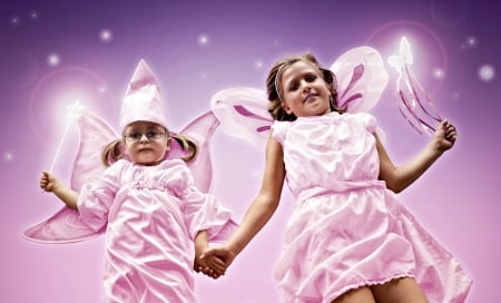 Fairies - fetite, girl, magical, pink, copil, child, funny, wings, fairy, cute, little, couple, luminos