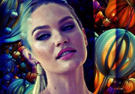 Candice Swanepoel - by cehenot, blue, girl, pink, orange, pictura, purple, autumn, painting, woman, model, Candice Swanepoel, face, art, luminos