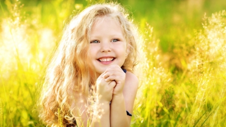 Little Sunshine - childhood, summer, girl, grass, light, joy, hair, laugh, happiness