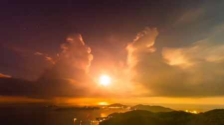 Sunset - island, clouds, lights, bay